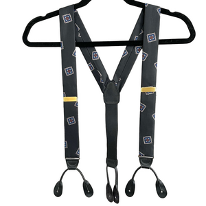 Vintage Black Paisley Print Silk Button Braces Suspenders - One Size
